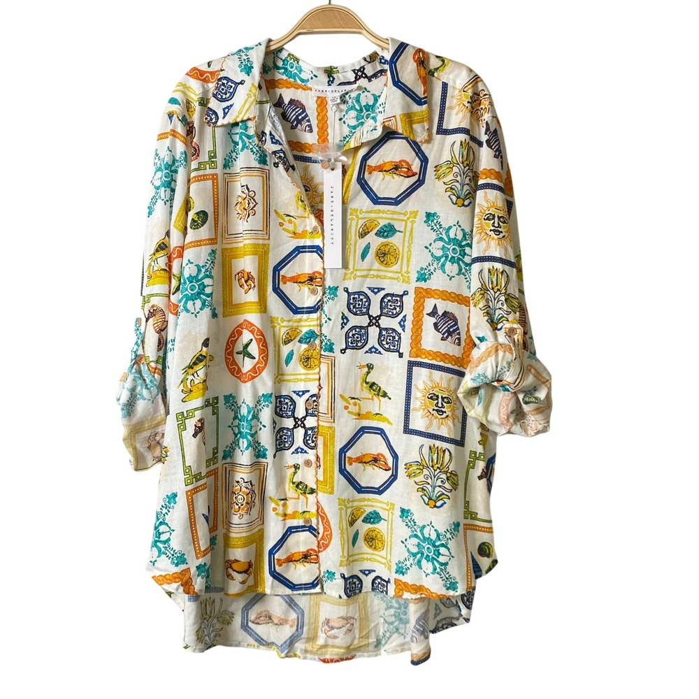 Jane + Delancy Nautical Boho Tile Print Button Down Shirt Women 1X Yellow Beach